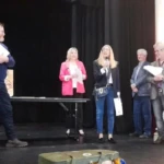 Gwenda McDougal received First Prize in the Rotary Art Show. Left to Right, Judge Phillip Edwards, Community Bank manager Melanie Tudball, Gwenda McDougall, Community Bank board member Jim Foster and Mayor Cr Tim Drylie. (Photo: Tim Bach)
